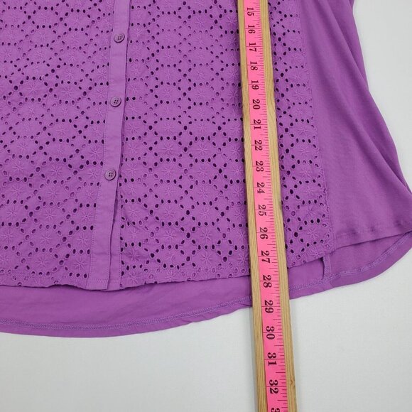 Catherines Womens Purple Eyelet Button Up Shirt Top Plus Size 1X Roll Tab Sleeve - Picture 14 of 14